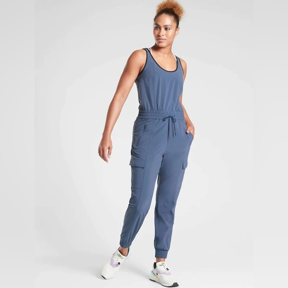 Athleta Headlands Hybrid Cargo Jumpsuit Blue Sleeveless Utility Hiking Small
